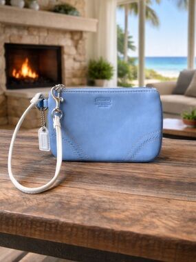 Coach Cornflower Blue Leather Wristlet with White Strap